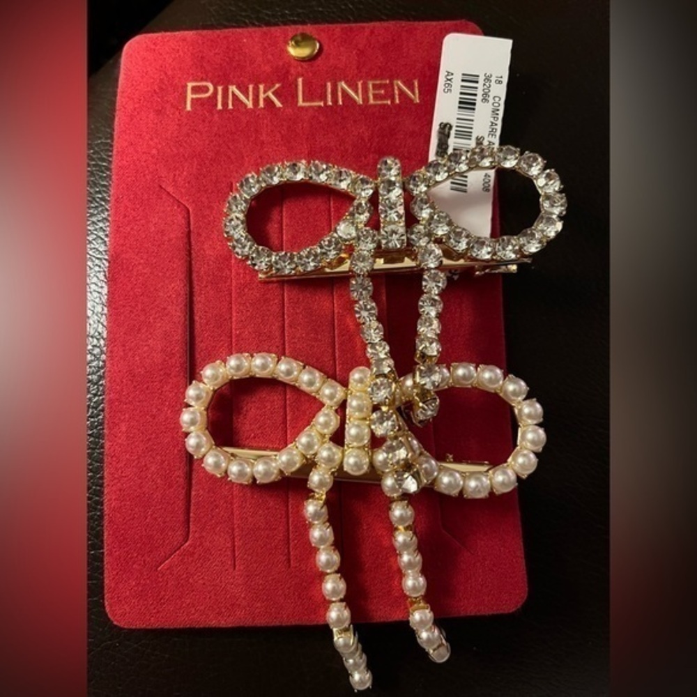 NEW Pink Linen Crystal Rhinestone & Pearl Bow Hair Clips Set